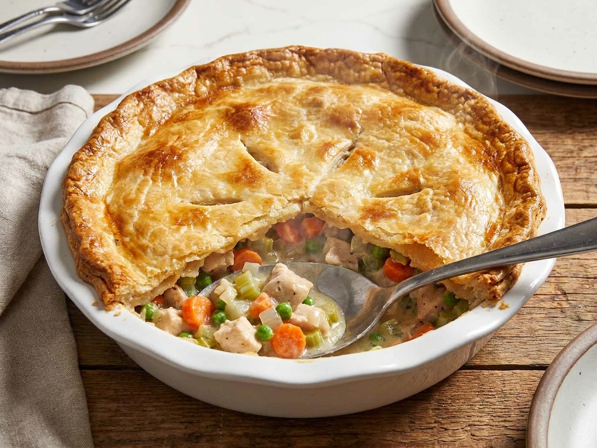 A golden baked chicken pot pie casserole in a white ceramic baking dish on a cozy kitchen table, with a flaky browned crust and a spoon scoop showing creamy chicken and vegetables