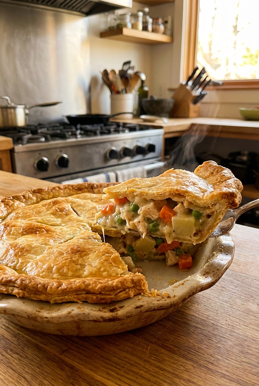 A golden baked chicken pot pie in a ceramic pie dish with one slice lifted, showing creamy chicken and vegetables inside