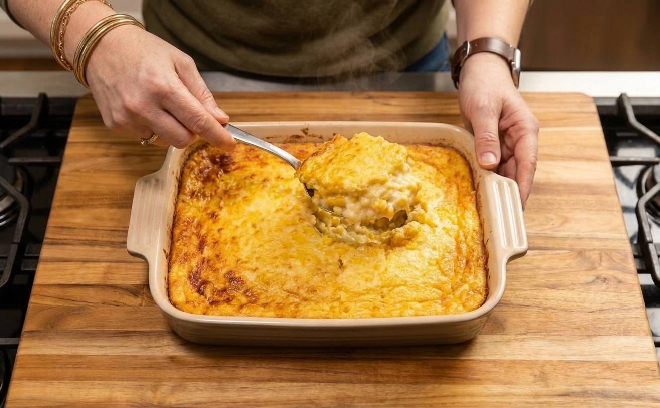 A golden baked corn pudding in a white ceramic baking dish on a wooden table with a serving spoon, warm kitchen lighting
