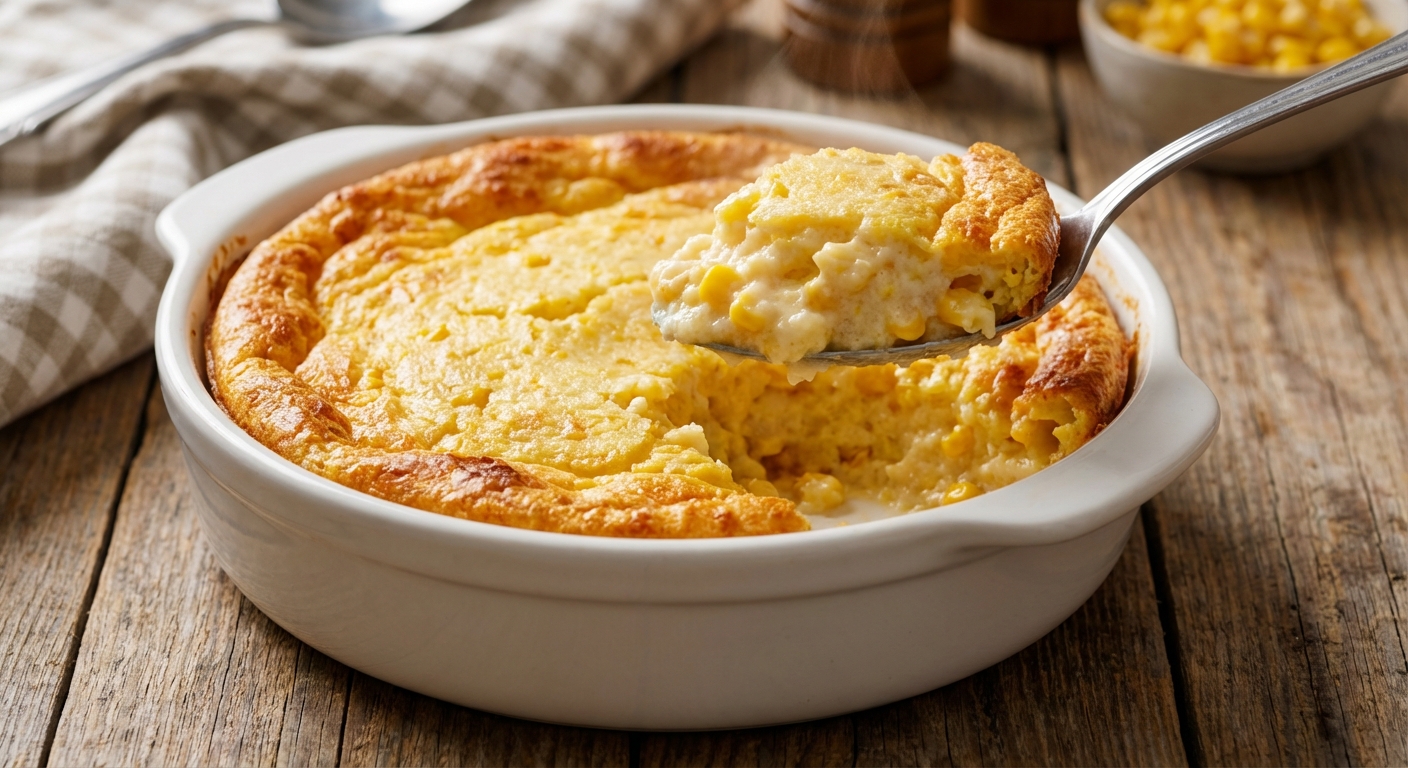 A golden baked corn souffle in a white ceramic casserole dish on a wooden table with a spoon scooping out a creamy portion