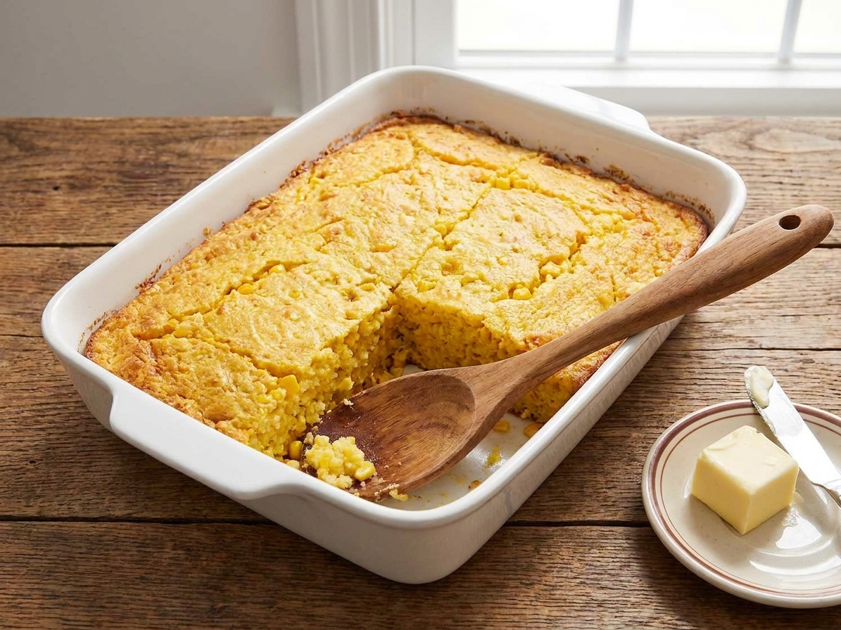 A golden baked cornbread casserole in a white ceramic baking dish on a wooden table with a serving spoon nearby