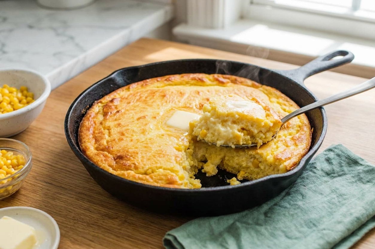 A golden baked cornbread pudding in a black cast iron skillet on a simple kitchen table, with a serving spoon scooping out a custardy portion