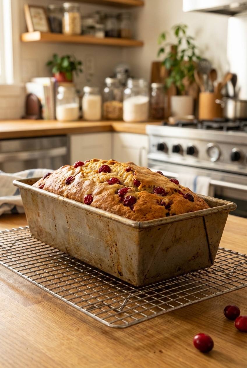 A golden baked cranberry bread loaf in a metal loaf pan on a cooling rack