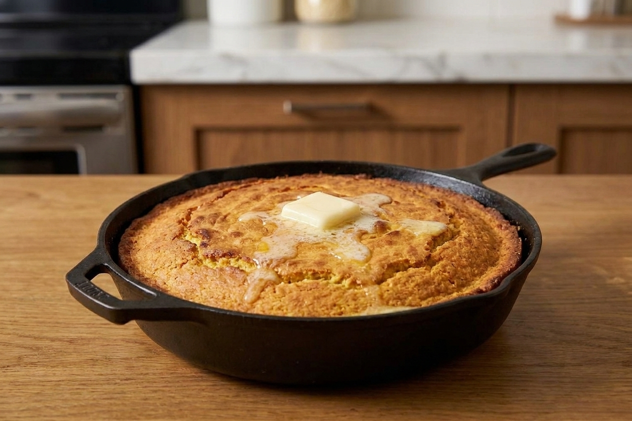 A golden baked gluten free cornbread in a cast iron skillet on a wooden counter, with crisp edges and a pat of butter melting on top