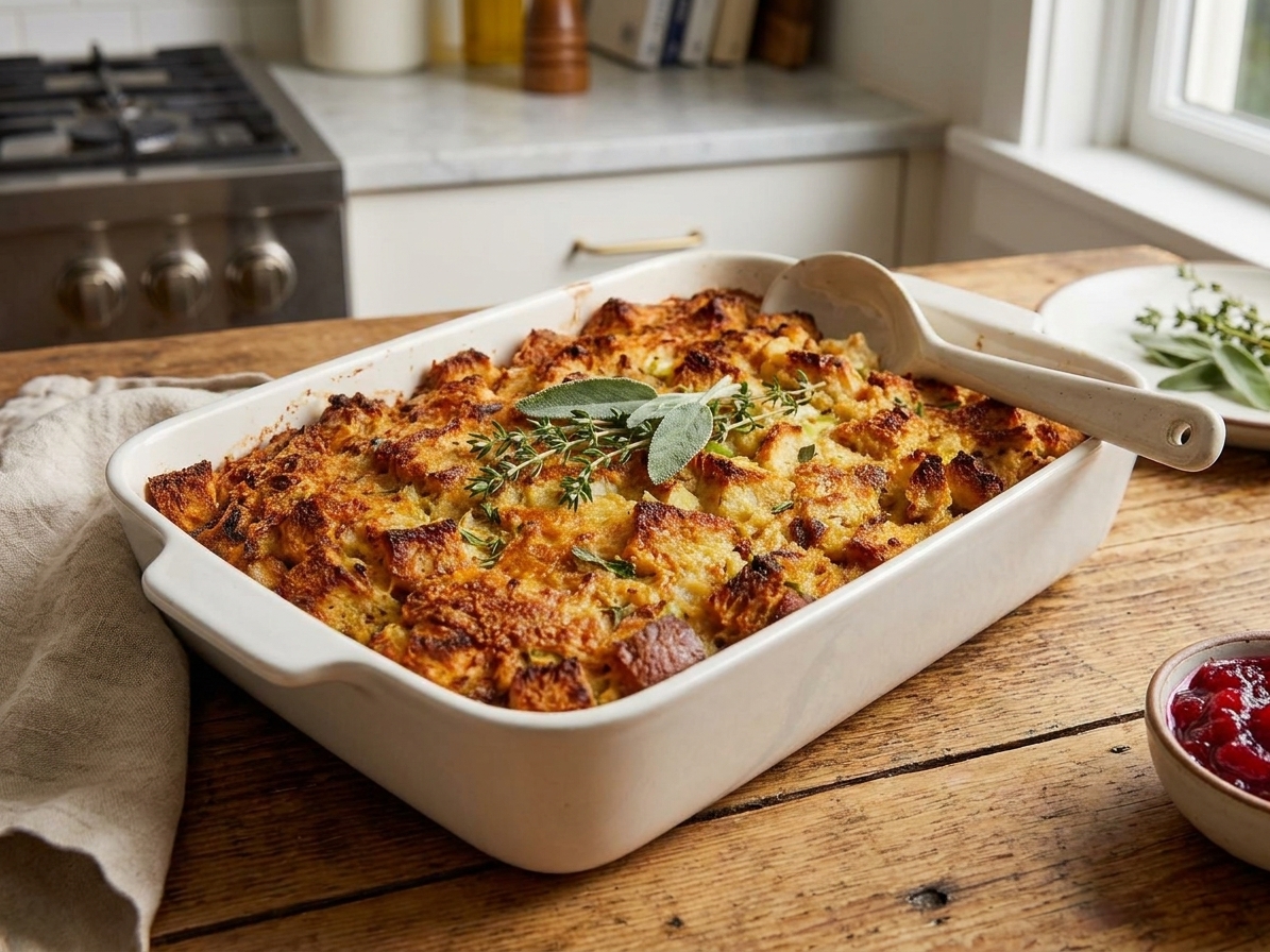 A golden baked gluten free stuffing in a white casserole dish with crisp browned edges on a rustic wooden table