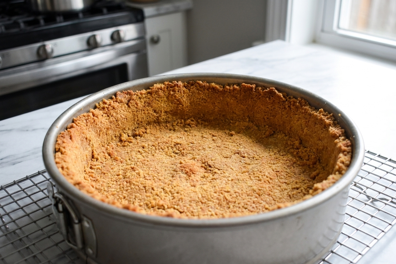 A golden baked graham cracker crust in a springform pan cooling on a wire rack
