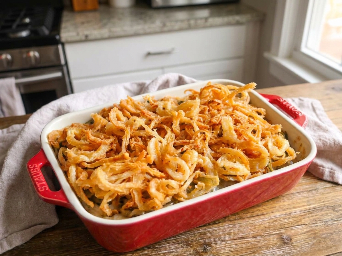 A golden baked green bean casserole in a baking dish with a thick layer of crispy fried onions on top, sitting on a warm kitchen counter under soft natural light