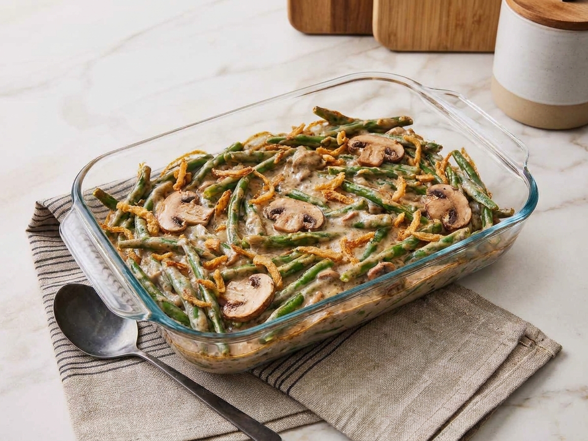 A golden baked green bean casserole in a glass baking dish on a cozy kitchen counter, topped with crispy fried onions and a serving spoon nearby
