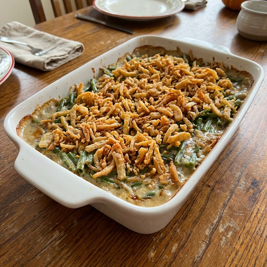 A golden baked green bean casserole in a white ceramic baking dish topped with crispy fried onions on a wooden table