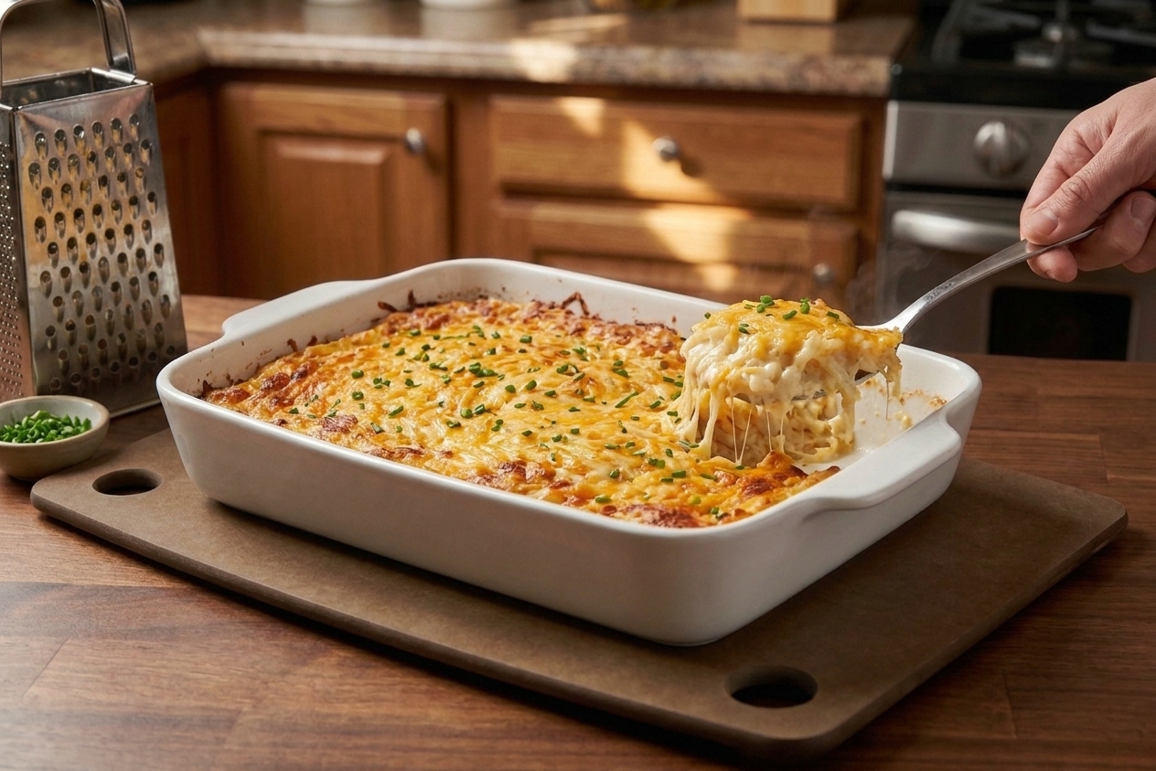 A golden baked hash brown casserole in a white ceramic baking dish on a warm kitchen counter, with a serving spoon scooping out a creamy cheesy portion