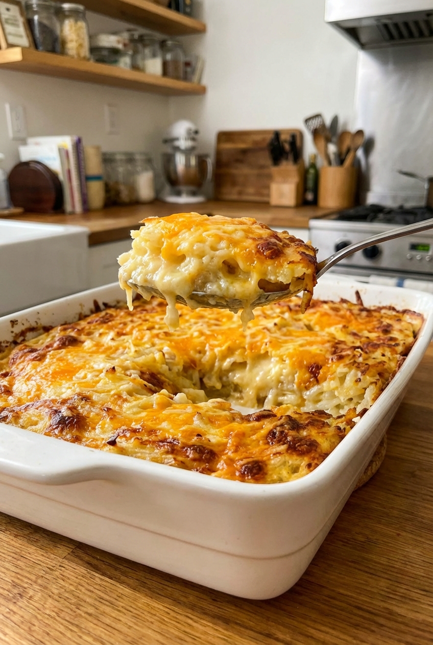 A golden baked hashbrown casserole in a white baking dish with a crispy top and a serving spoon lifted to show the creamy interior