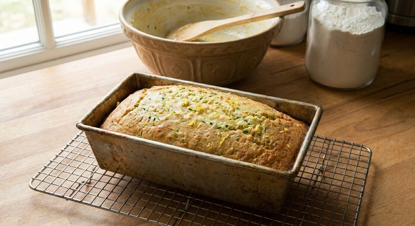 A golden baked lemon zucchini bread loaf in a metal loaf pan on a cooling rack, with a lightly domed top