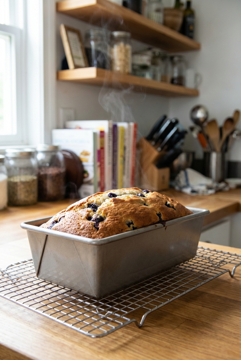 A golden baked loaf of blueberry bread cooling in a loaf pan on a wire rack