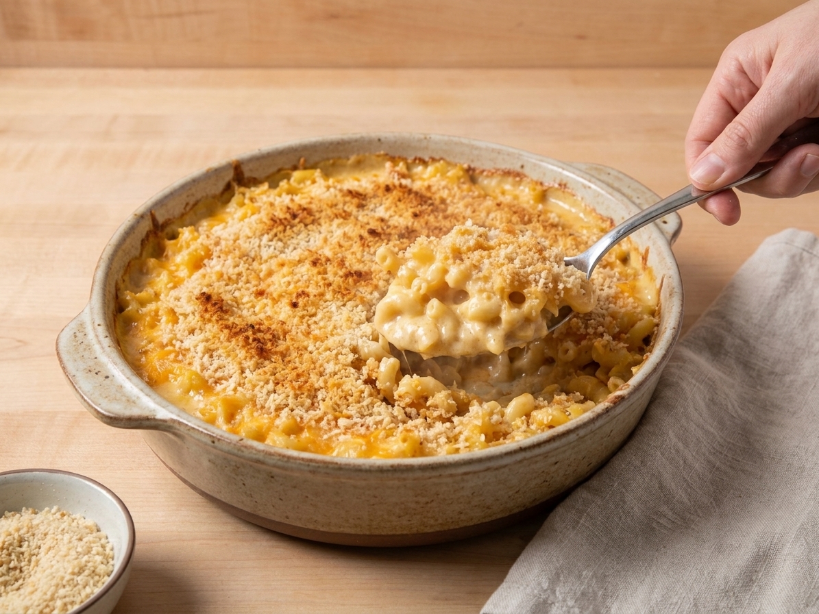 A golden baked mac and cheese casserole in a ceramic baking dish on a neutral kitchen counter, with a crisp browned breadcrumb topping and a serving spoon scooping out a creamy portion