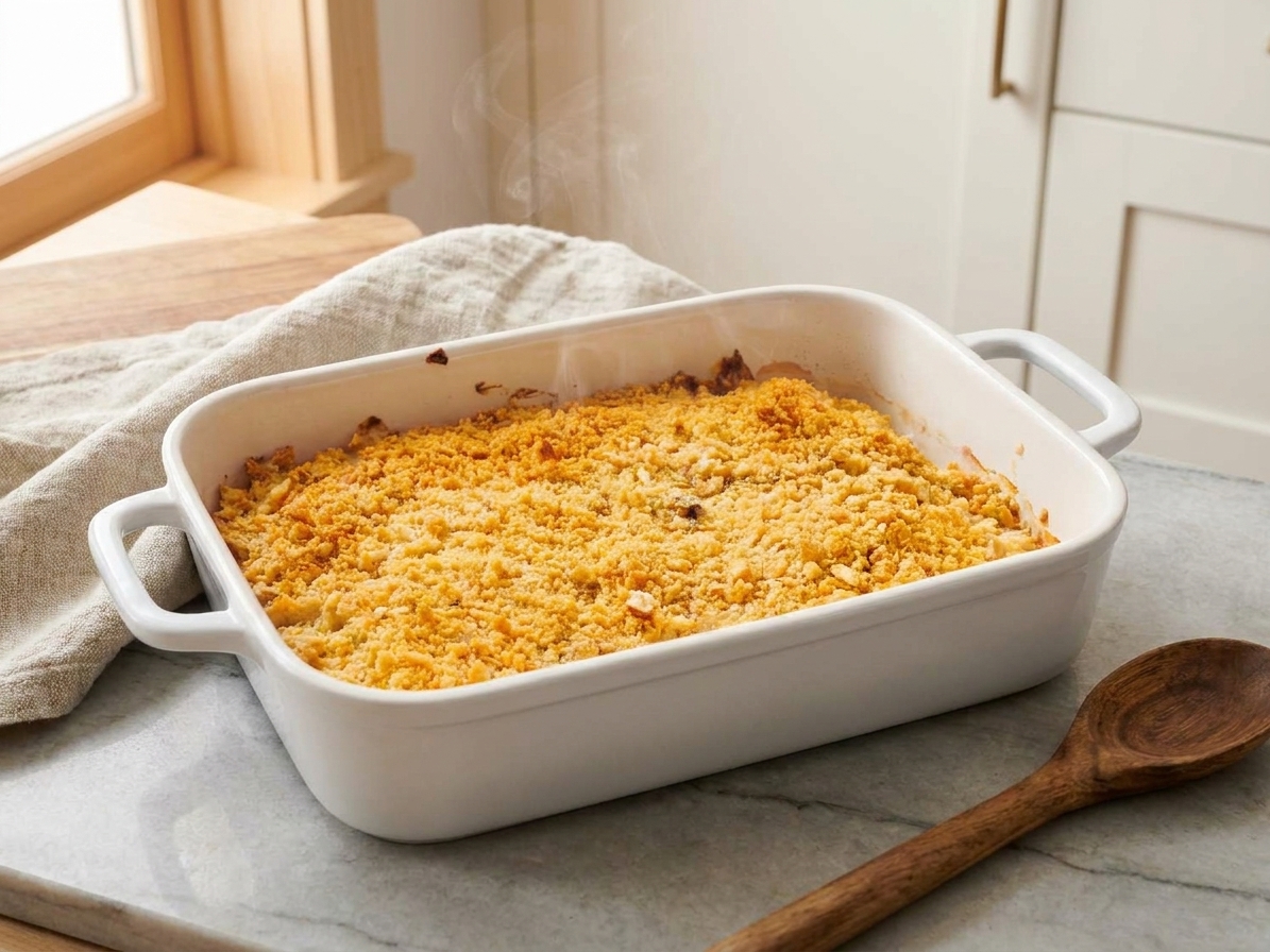 A golden baked million dollar chicken casserole in a white ceramic baking dish with a buttery cracker topping, sitting on a light stone countertop with a serving spoon nearby