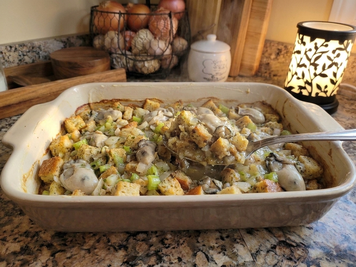 A golden baked oyster dressing in a ceramic casserole dish on a wooden table, crisp browned edges and a spoon scooping out a moist portion