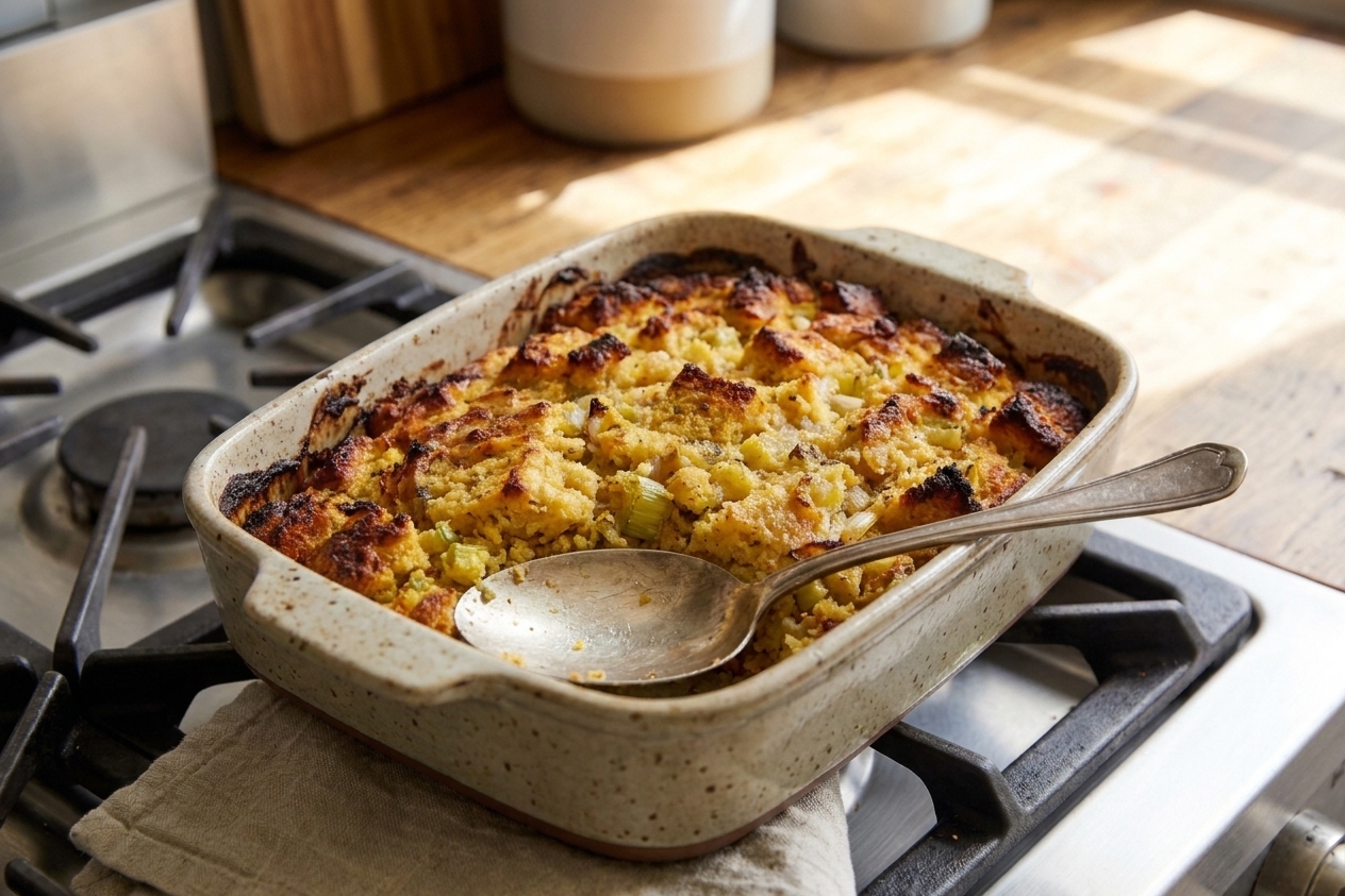 A golden baked pan of Southern cornbread dressing with crisp browned edges and visible flecks of celery and herbs, set on a warm kitchen counter with a serving spoon