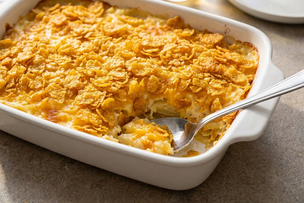 A golden baked party potatoes casserole in a white baking dish with a crisp cornflake topping, set on a warm kitchen counter with serving spoon