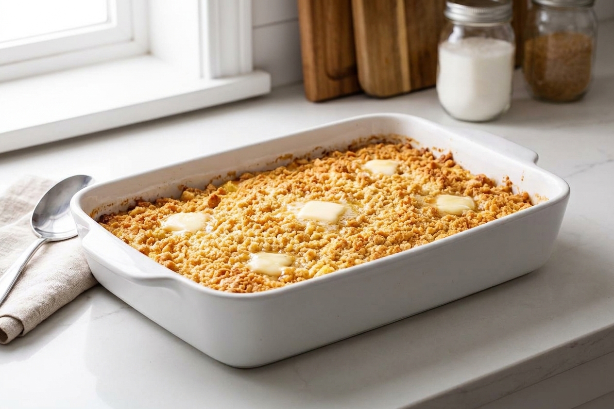 A golden baked pineapple casserole in a white ceramic baking dish with a crisp buttery cracker topping on a bright kitchen counter