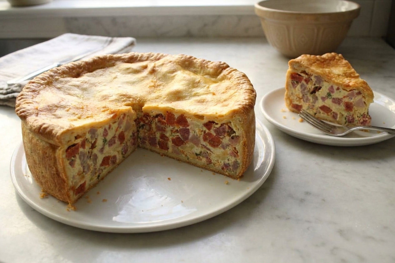 A golden baked pizza rustica in a springform pan with one wedge removed, showing a rich ricotta filling dotted with cured meats and cheese on a light stone kitchen counter