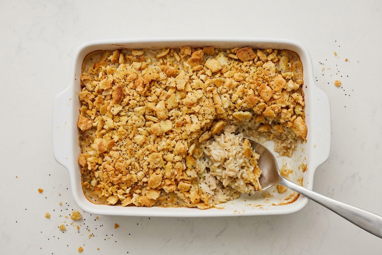 A golden baked poppy seed chicken casserole in a white baking dish on a light kitchen counter, with a crispy cracker topping and a serving spoon