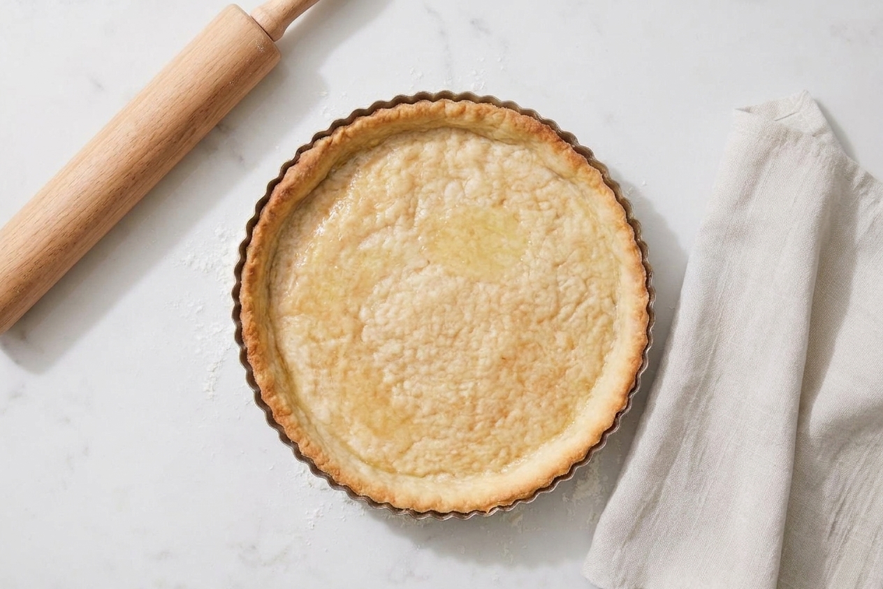A golden baked quiche crust in a fluted tart pan on a light kitchen counter with a rolling pin nearby