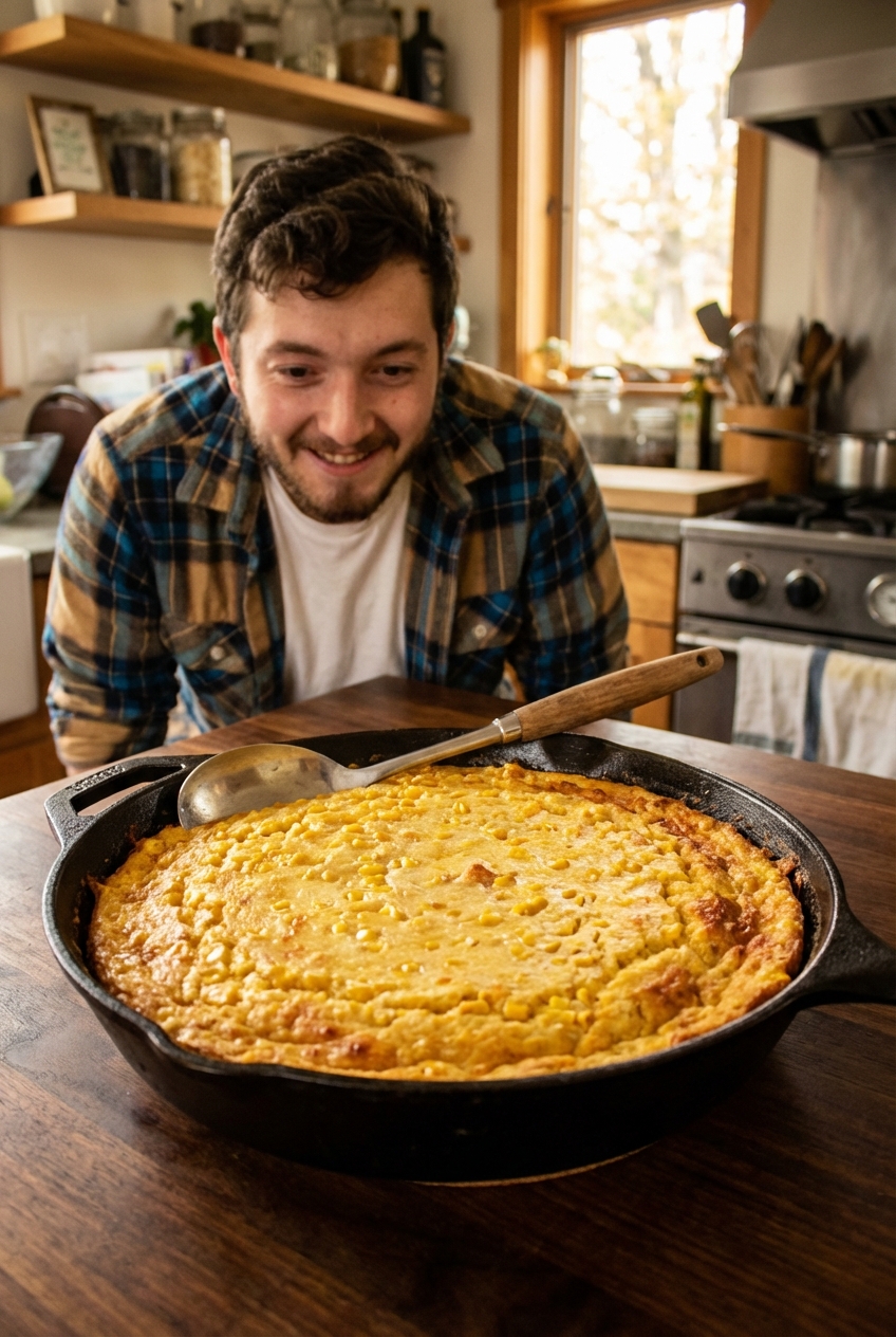 A golden baked rustic corn pudding in a cast iron skillet with a lightly browned top, set on a wooden table with a serving spoon
