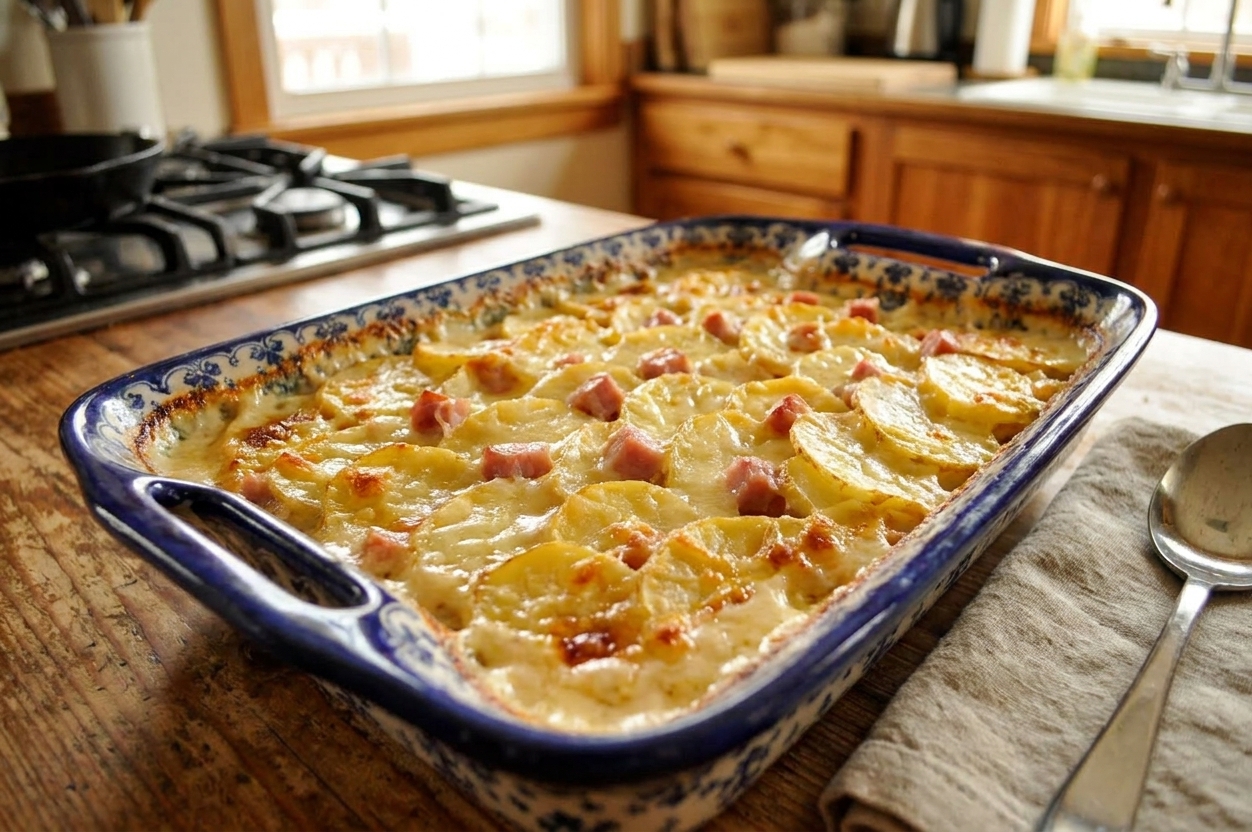 A golden baked scalloped potatoes and ham casserole in a ceramic baking dish on a kitchen counter, creamy sauce bubbling at the edges