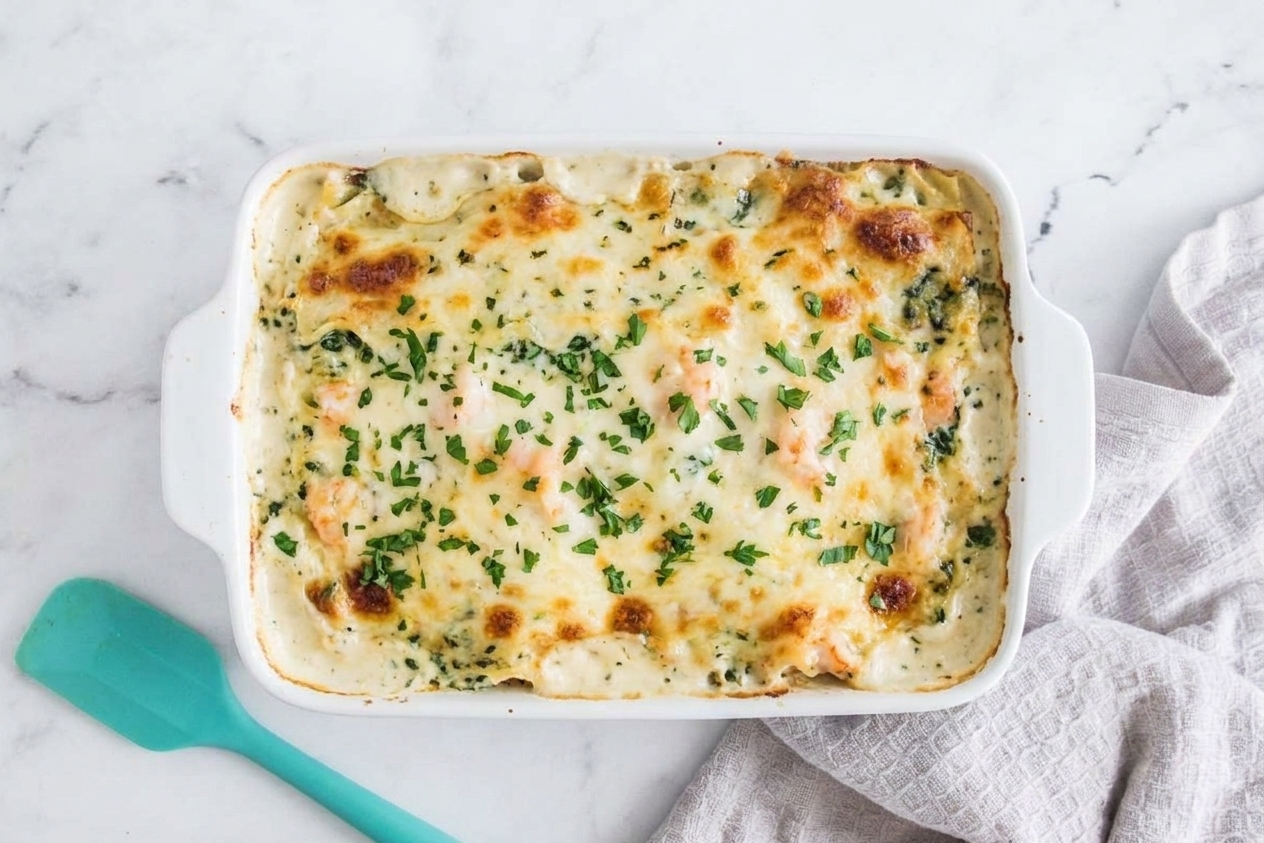 A golden baked seafood lasagna in a white ceramic baking dish on a light kitchen counter, with bubbling edges and chopped parsley on top