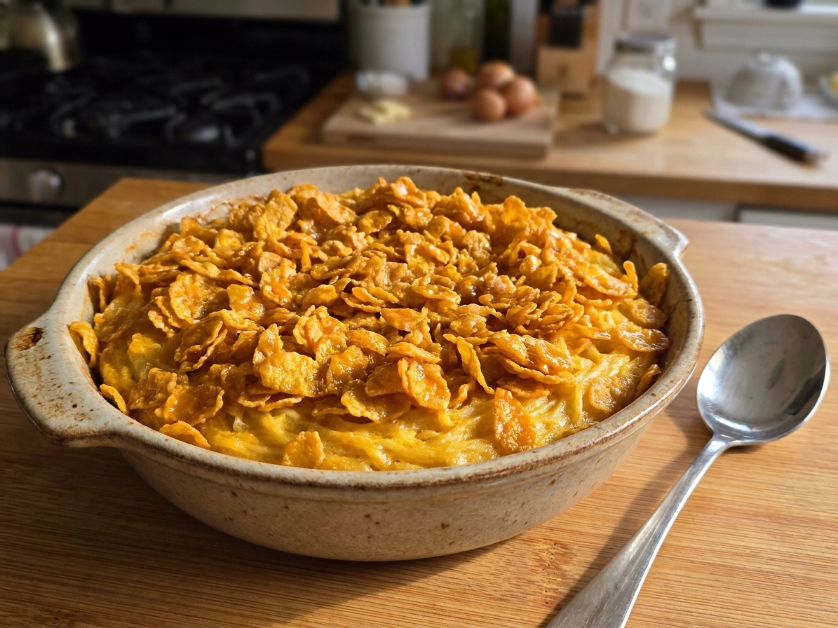 A golden baked sweet noodle kugel in a ceramic baking dish on a wooden table, with a crunchy cornflake topping and a serving spoon nearby