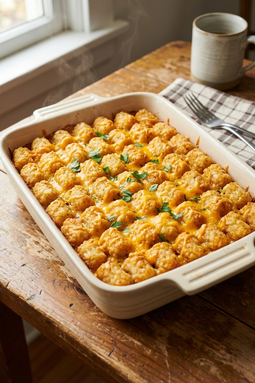 A golden baked tater tot casserole in a ceramic baking dish with bubbling cheese and crispy tater tots on top, sitting on a wooden table