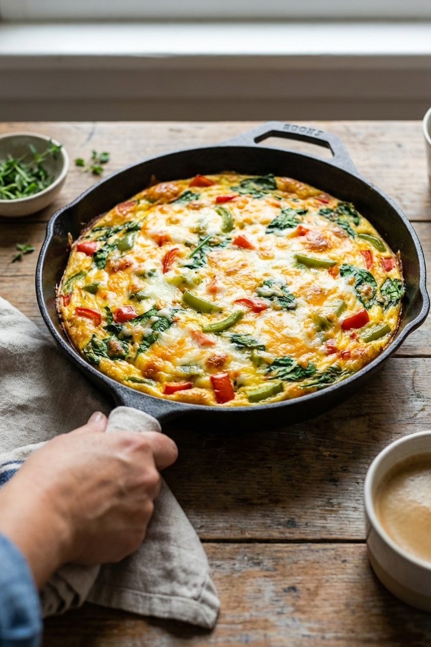 A golden baked vegetable frittata in a cast iron skillet on a wooden table, with visible bell peppers, spinach, and melted cheese on top, natural window light, photorealistic food photography