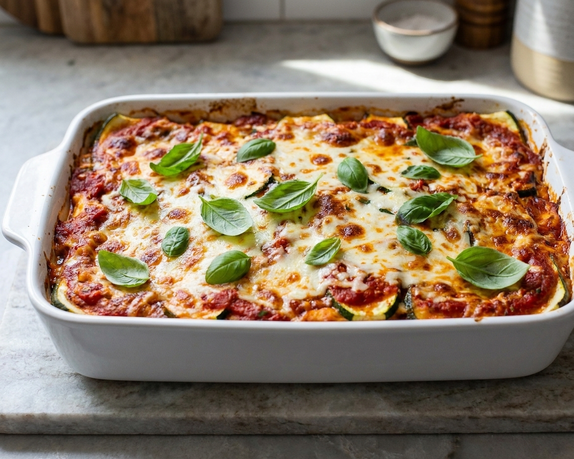 A golden baked zucchini lasagna in a white ceramic baking dish on a light stone counter, bubbling marinara and melted mozzarella on top with fresh basil