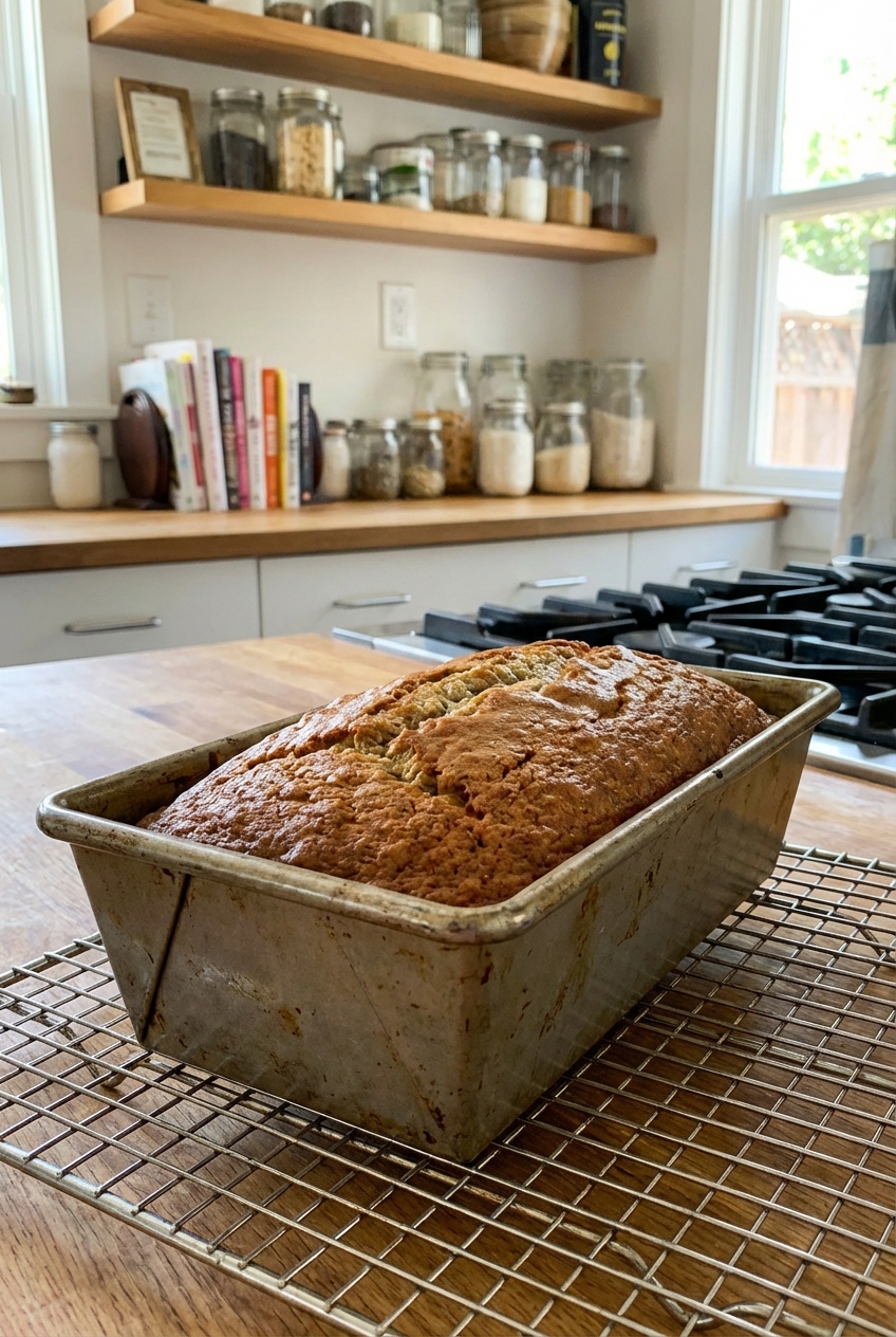 A golden banana bread loaf in a metal loaf pan resting on a cooling rack