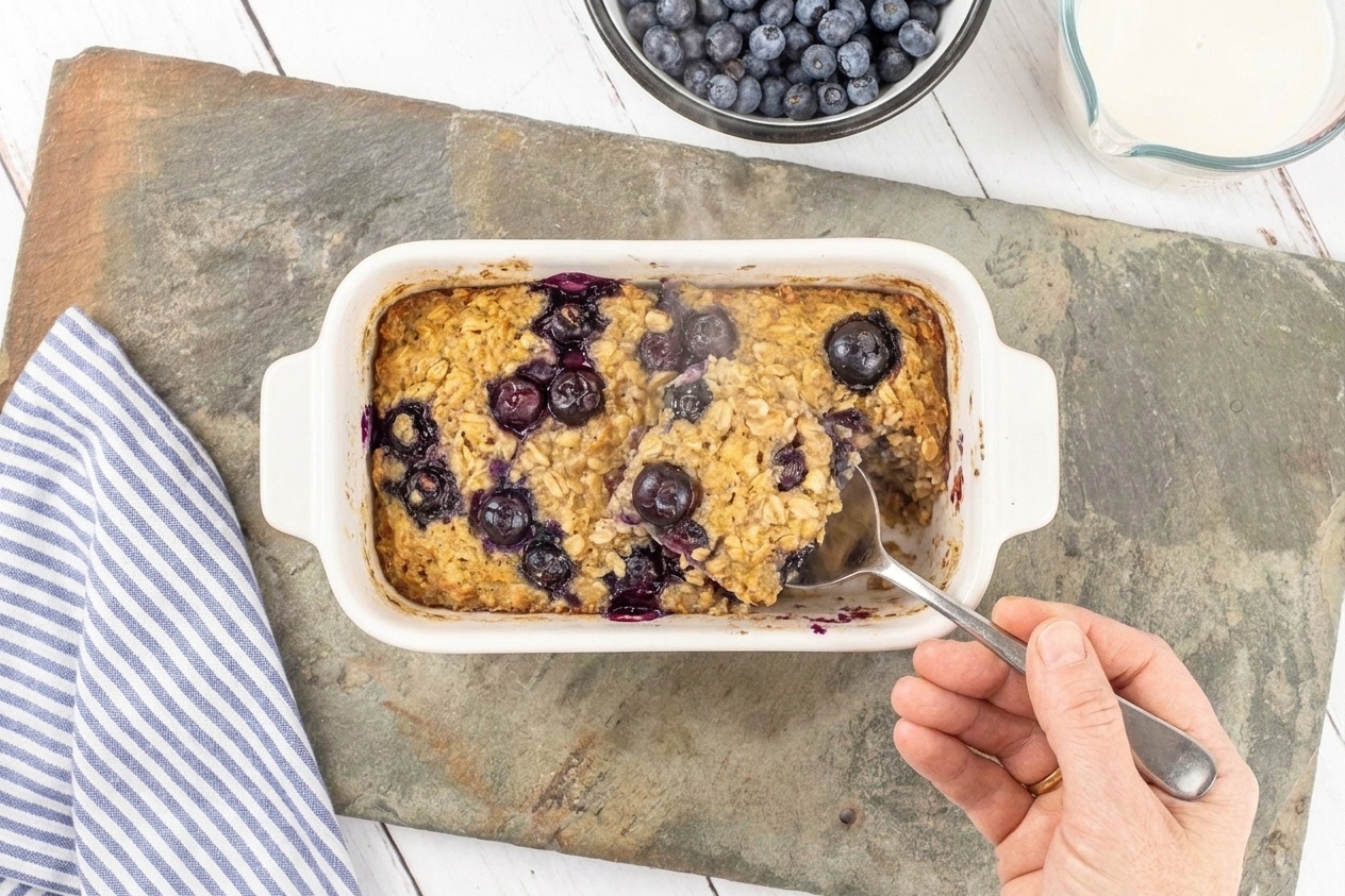 A golden blueberry banana baked oatmeal in a white ceramic baking dish on a light kitchen counter, with visible blueberries on top and a spoon scooping a warm square