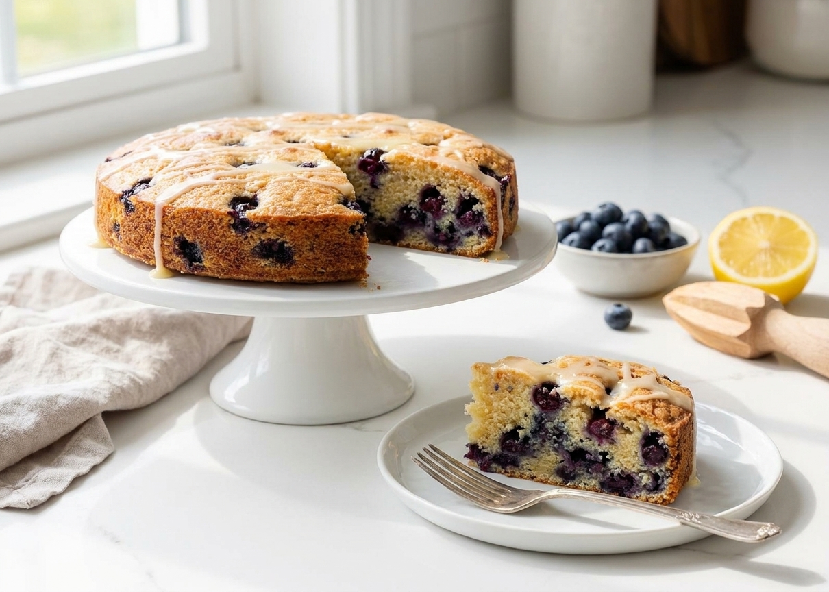 A golden blueberry cake on a white cake stand, sliced to show juicy blueberries inside, with a light lemon glaze dripping over the top on a sunlit kitchen counter