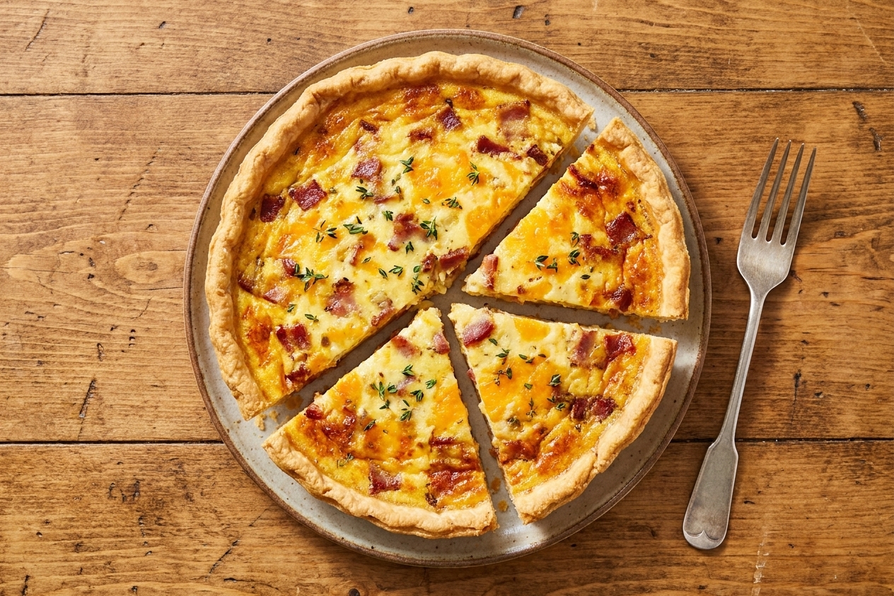 A golden breakfast quiche with cheddar and bacon, sliced into wedges on a ceramic plate with a simple fork on a wooden table