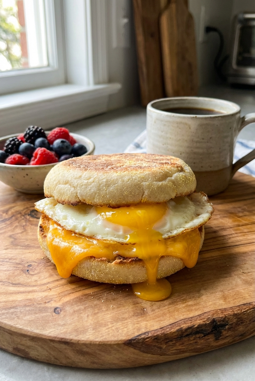 A golden breakfast sandwich with egg and cheddar on an English muffin