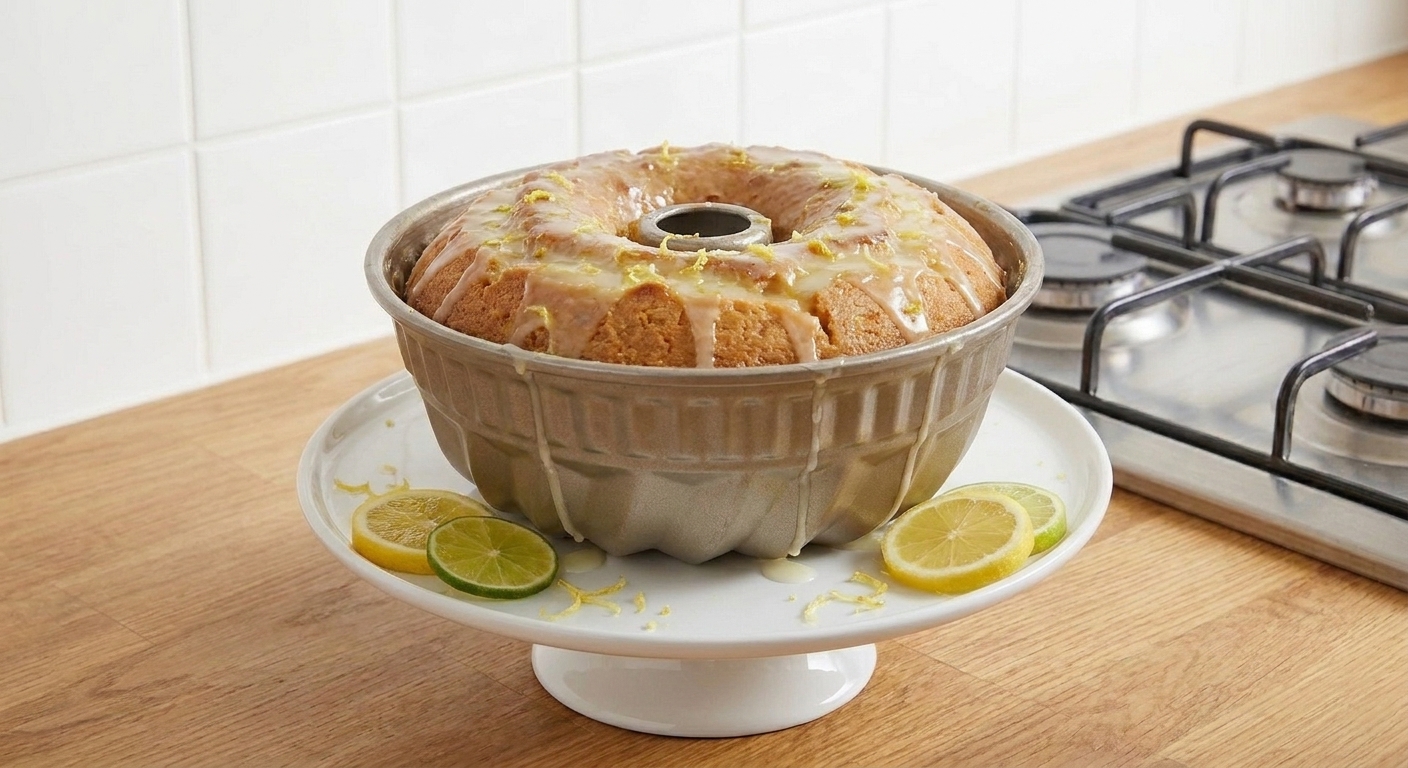 A golden brown 7Up pound cake in a Bundt pan shape on a cake stand, lightly glazed with a glossy lemon-lime drizzle on a bright kitchen counter