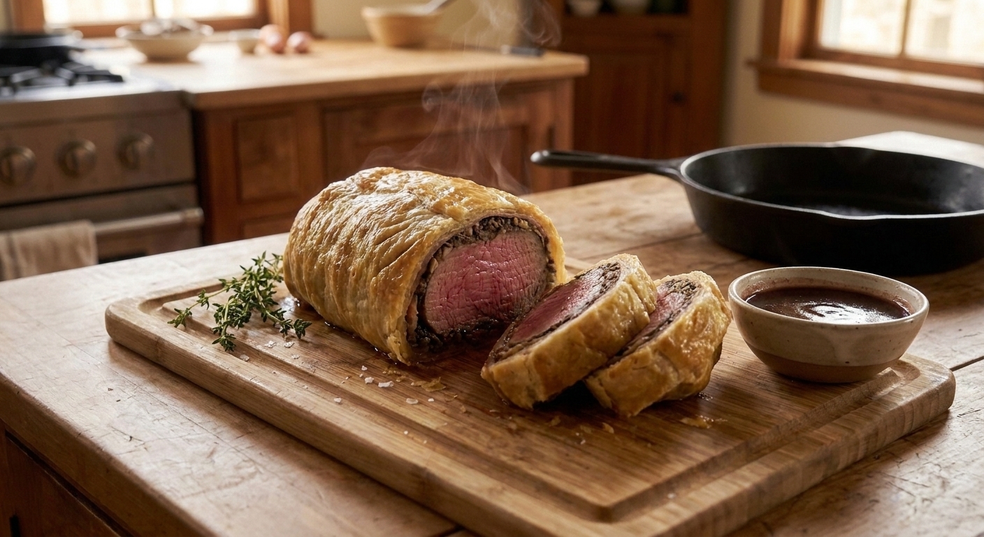 A golden brown Beef Wellington sliced to reveal a rosy medium-rare center, served on a cutting board with a small dish of glossy pan sauce on a warmly lit kitchen counter