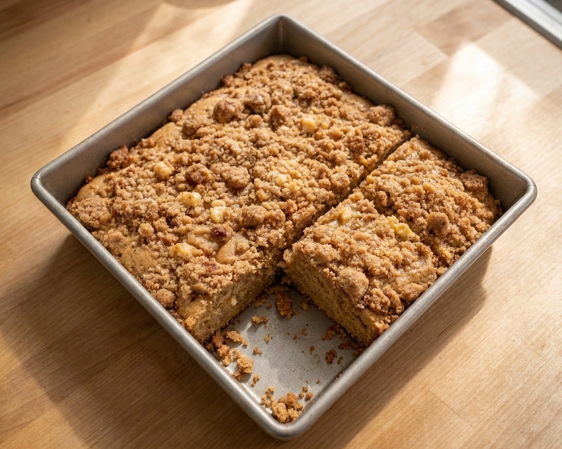 A golden brown Bisquick coffee cake in a baking pan with a thick cinnamon streusel topping and a few slices cut, crumbs scattered on the pan edge, warm kitchen lighting