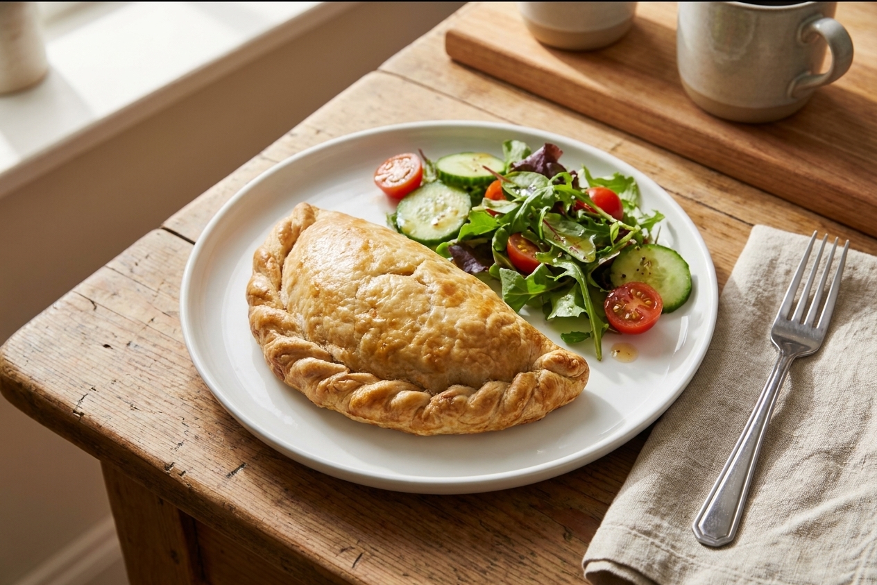 A golden brown Cornish pasty on a plate with a simple green salad on a wooden kitchen table in warm natural light