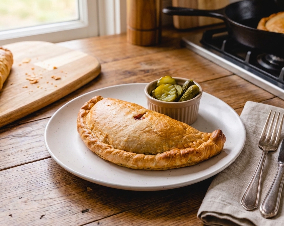 A golden-brown Cornish pasty on a simple stoneware plate with a side of pickles on a warm kitchen table