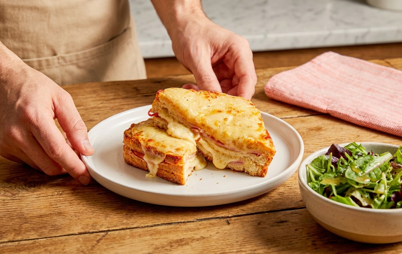 A golden brown Croque Monsieur on a white plate with bubbling Gruyere on top, set on a wooden kitchen table with a simple green salad