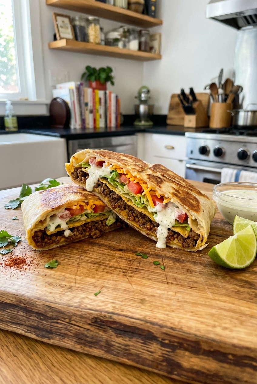 A golden-brown Crunchwrap cut in half on a cutting board with visible layers of seasoned filling, crunchy tostada, shredded lettuce, and a drizzle of citrus-lime crema, with lime wedges nearby
