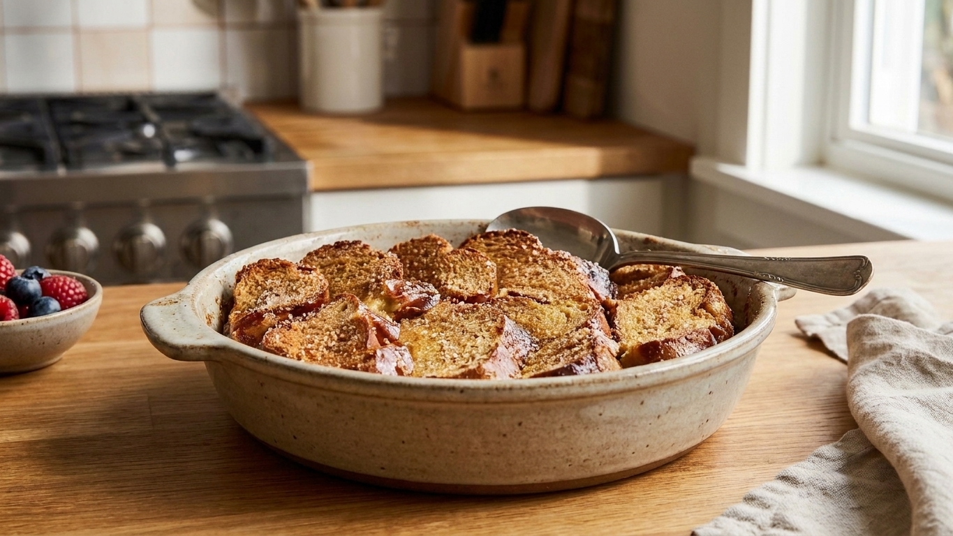 A golden brown French toast bake in a ceramic baking dish with a crisp cinnamon top and a serving spoon resting on the edge, on a bright kitchen counter
