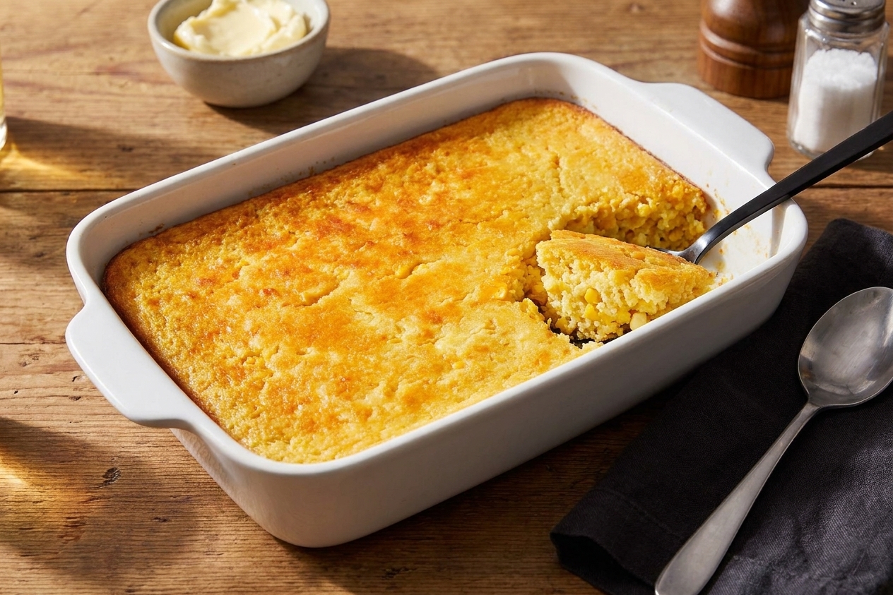 A golden brown Jiffy corn casserole in a white baking dish with a lightly crisp top and a serving spoon resting beside it on a warm kitchen table