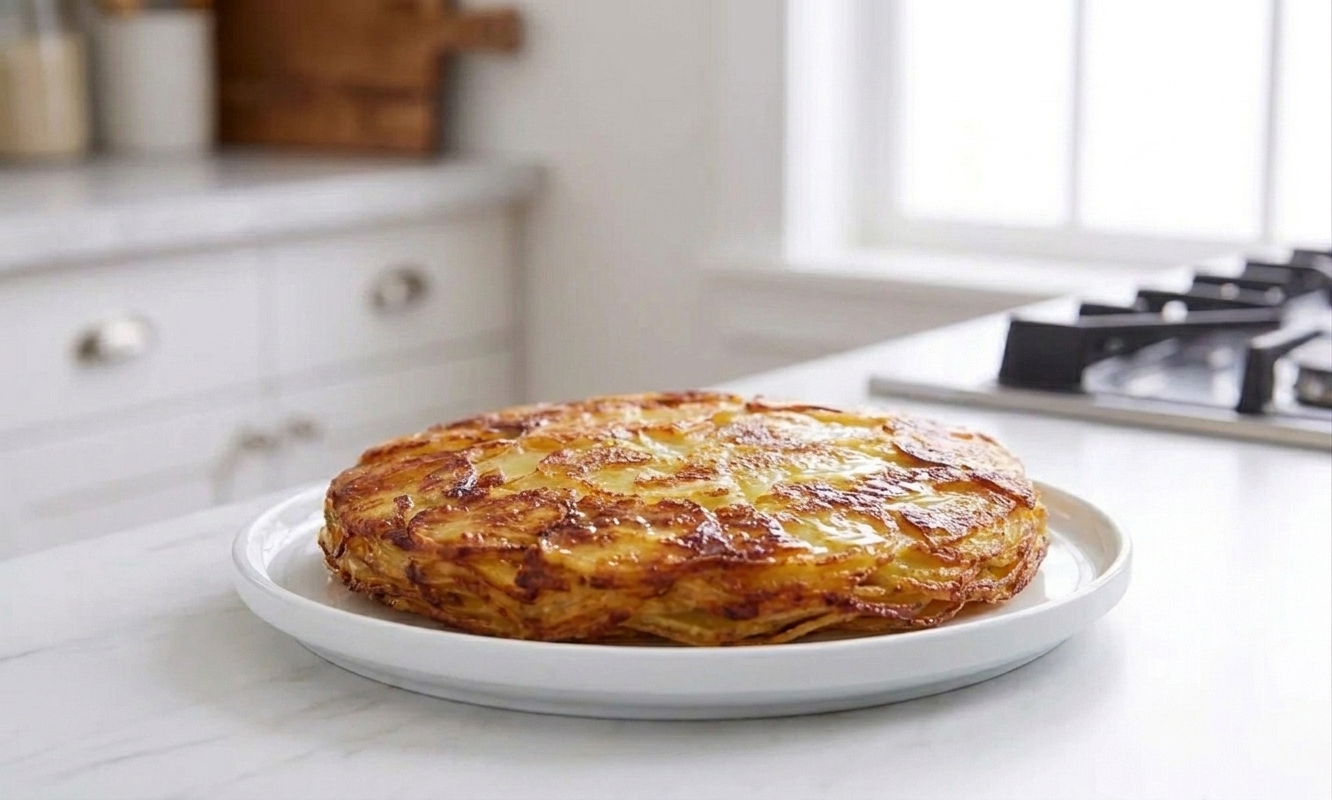 A golden brown Pommes Anna potato cake on a serving plate with crisp, layered edges and a glossy butter sheen
