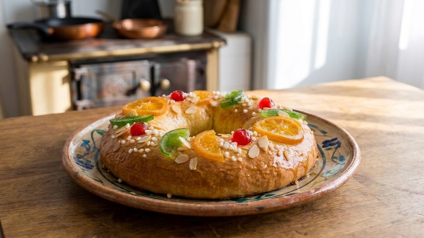 A golden brown Roscon de Reyes ring cake on a ceramic platter, topped with glossy candied fruit and sliced almonds on a wooden dining table in warm natural light