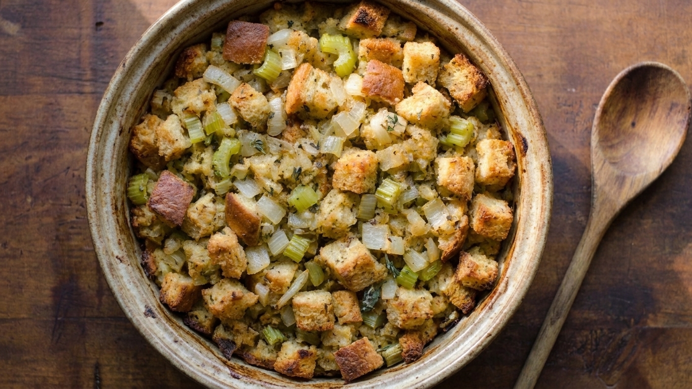 A golden brown Thanksgiving stuffing baked in a ceramic casserole dish with crisp edges and visible celery and herbs on a neutral kitchen counter under warm light